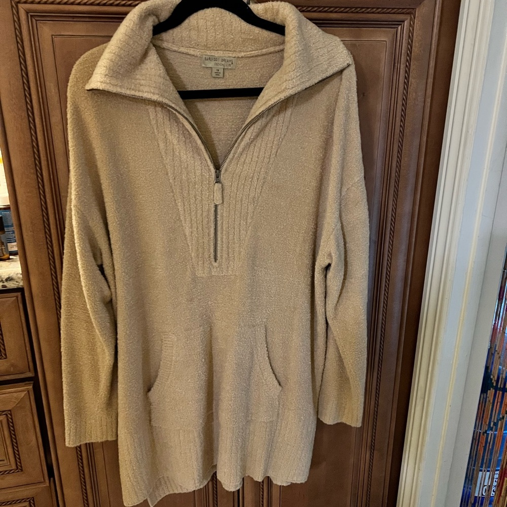 Barefoot dreams, cozychic lite half zip tunic. The color is called biscotti